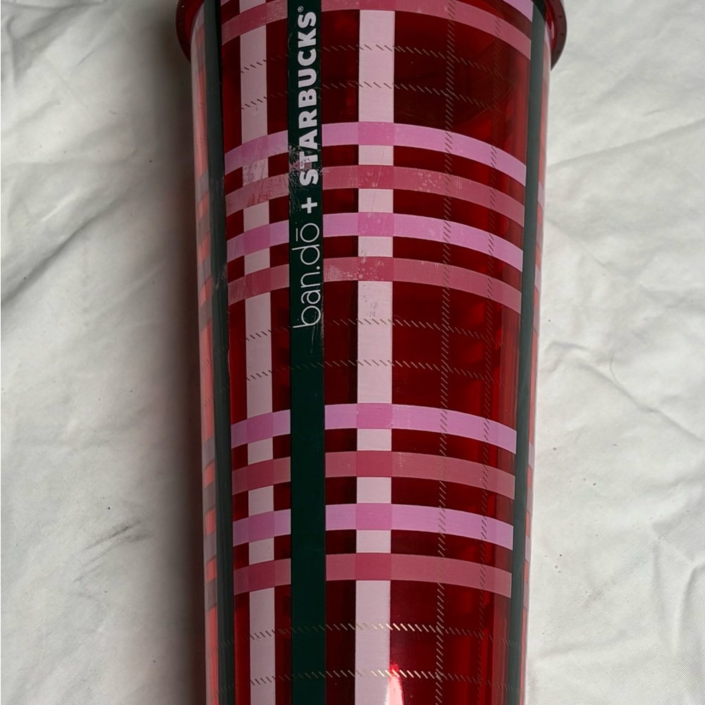 Starbucks Red Pink White Black Checkered 24 oz Cold Bev Tumbler With Lid Straw